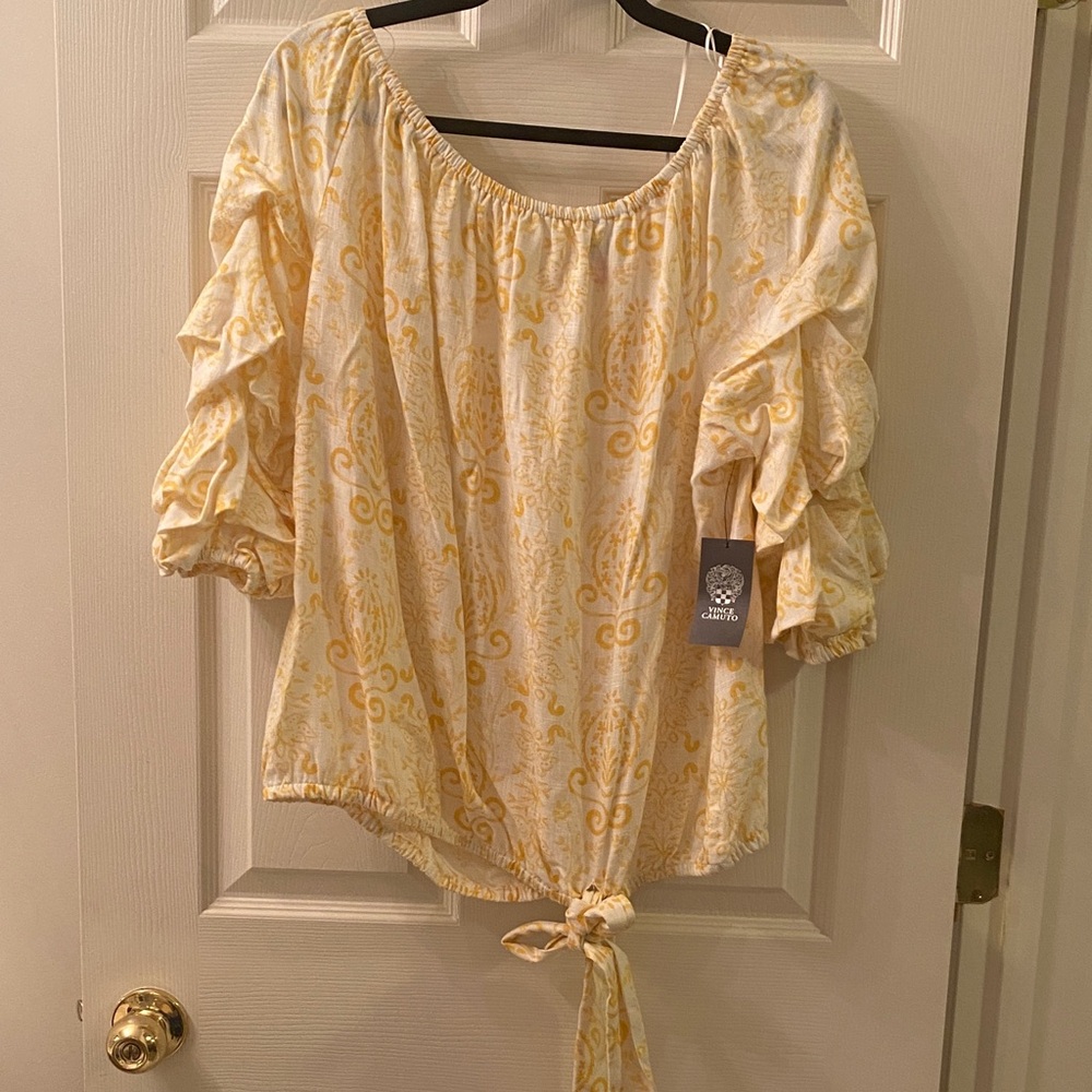 Vince Camuto Yellow Paisley Tie-Hem Blouse